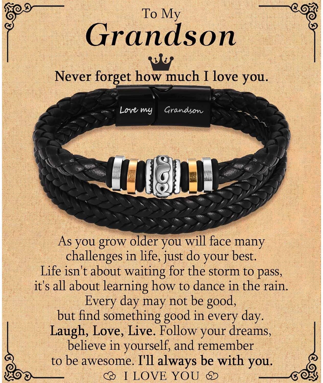 TEVOP Engraved Leather Bracelet Mens Bracelet Gifts for Son Grandson Husband, Pe...