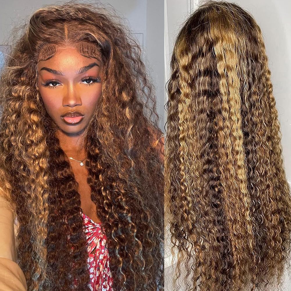 bangjazz 28 Inch Deep Wave Lace Front Wigs Human Hair 180% Density Highlight Omb...