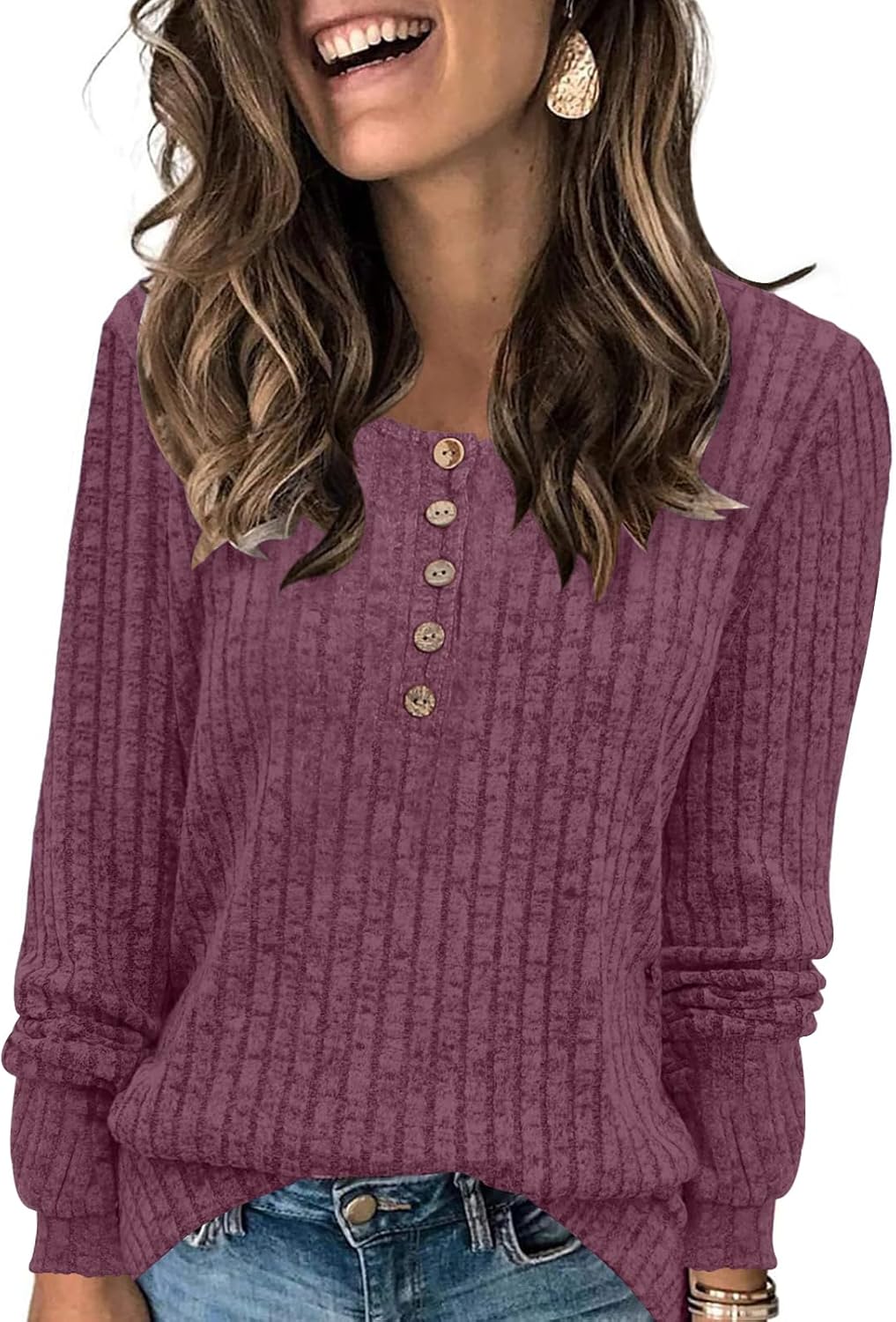 DB MOON Womens Lightweight Sweaters 2024 Long Sleeve Henley Shirt Fall Casual Cr...