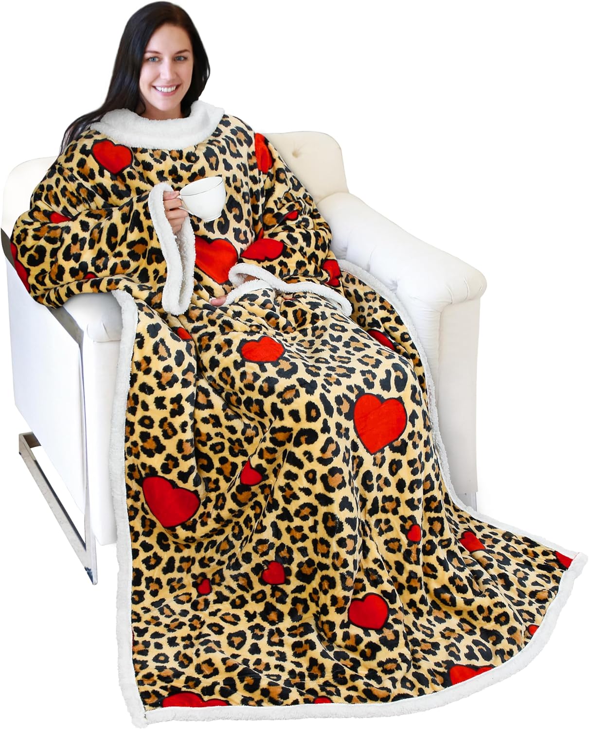 Catalonia Leopard Sherpa Wearable Blanket with Sleeves Arms, Comfy Sleeved TV Wr...