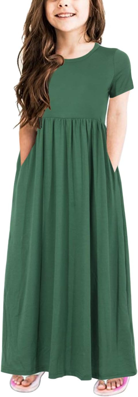 GORLYA Girl's Short Sleeve Floral Print Loose Casual Long Maxi Dress with Pocket...