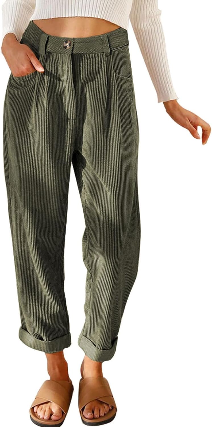 Acelitt Womens Elastic Waist Straight Leg Corduroy Pants with Pockets, S-2XL Med...