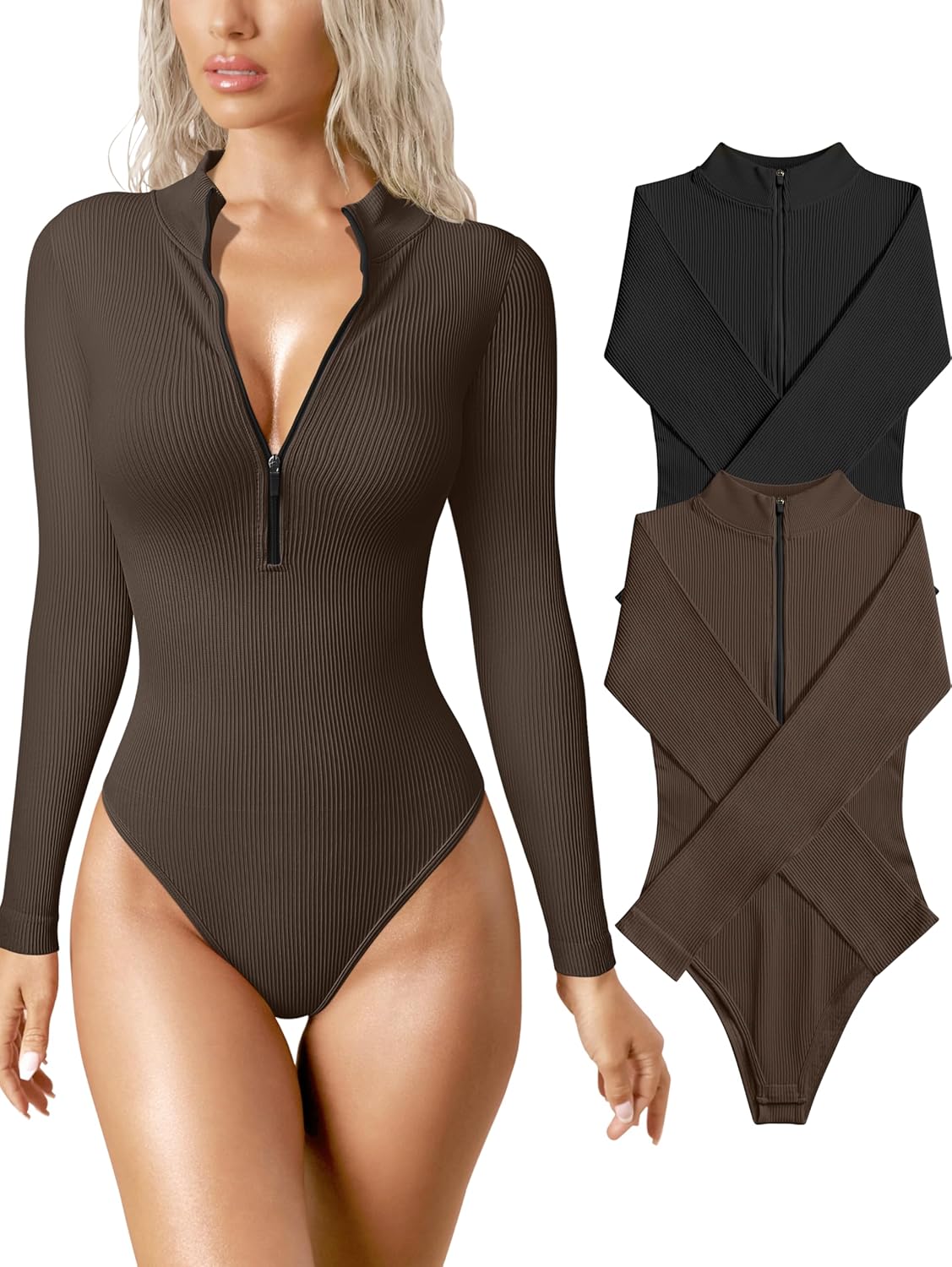 OQQ Women's 2 Piece Bodysuits Sexy Ribbed One Piece Zip Front Long Sleeve Tops B...