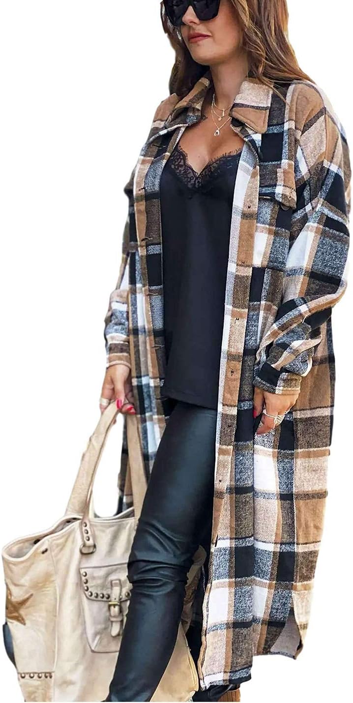 Omoone Women's Flannel Plaid Shacket Fall Oversized Long Button Down Shirt Jacke...
