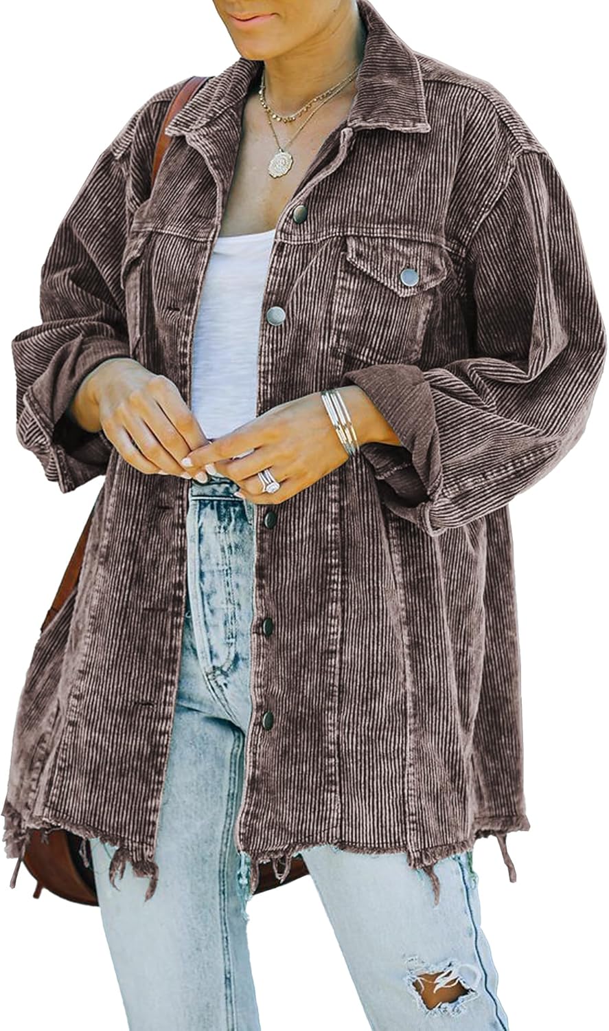 Hixiaohe Women's Casual Oversized Button Down Corduroy Shirt Jacket Coat Washed...