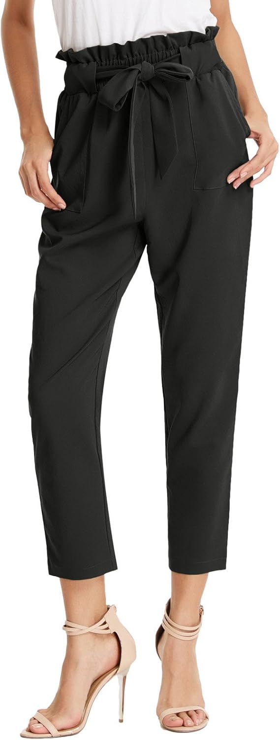 GRACE KARIN Women's Cropped Paper Bag Waist Pants with Pockets Large Black