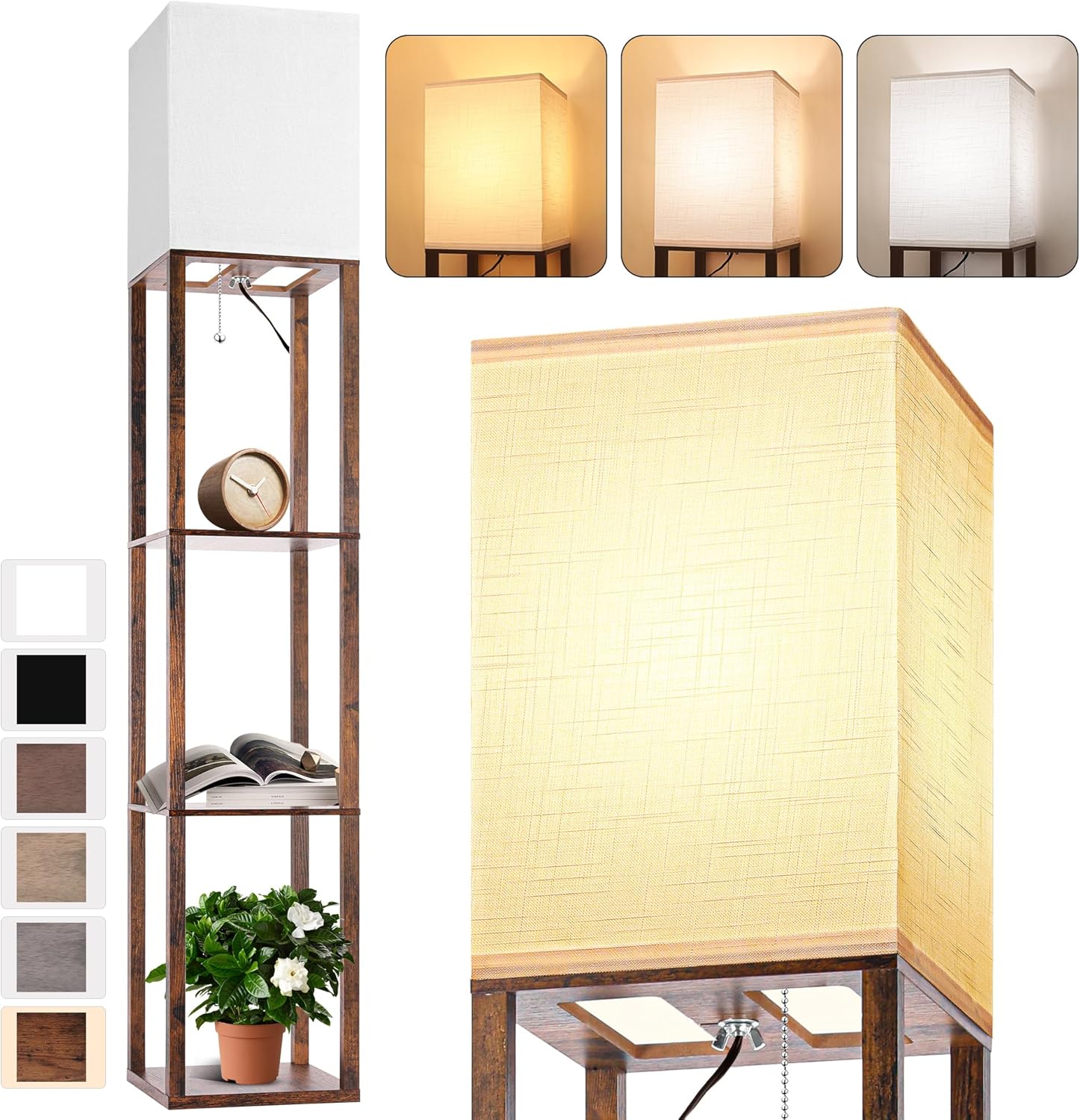 Floor Lamp with Shelves for Living Room Brown, Shelf Floor Lamp with 3 CCT LED B...