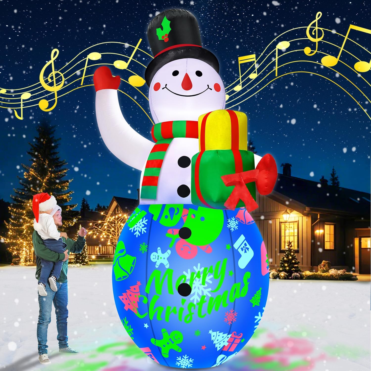 12FT Giant Christmas Inflatables Snowman Decorations Built-in Music Box & 360° R...