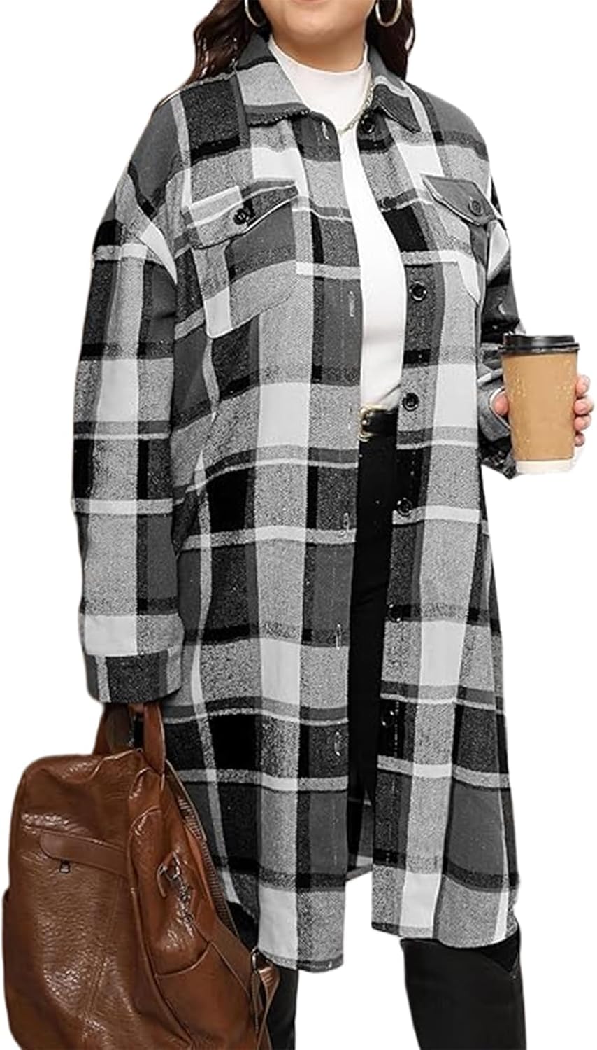 Women's 2024 Plaid Flannel Shacket Loose Fit Long Shirts Jacket Tartan Boyfriend...
