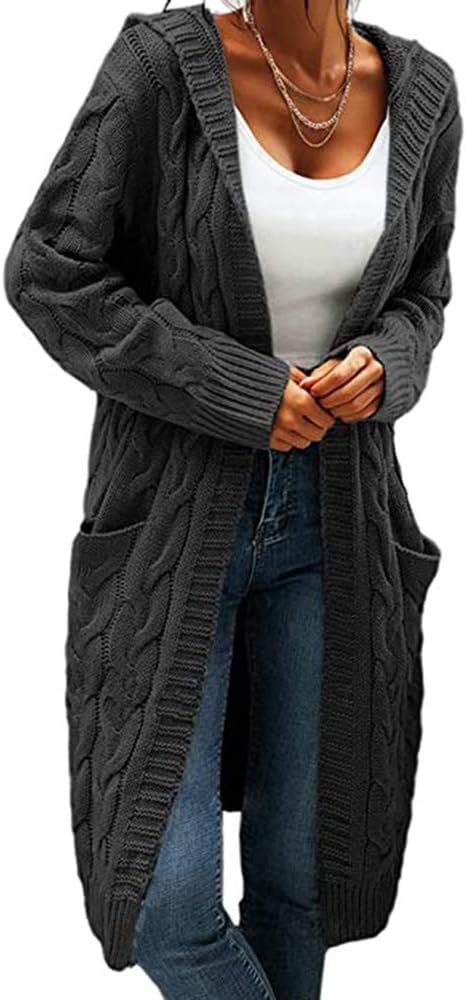 Women Hooded Open Front Cardigan Cable Knit Sweaters Solid Color Chunky Long Swe...