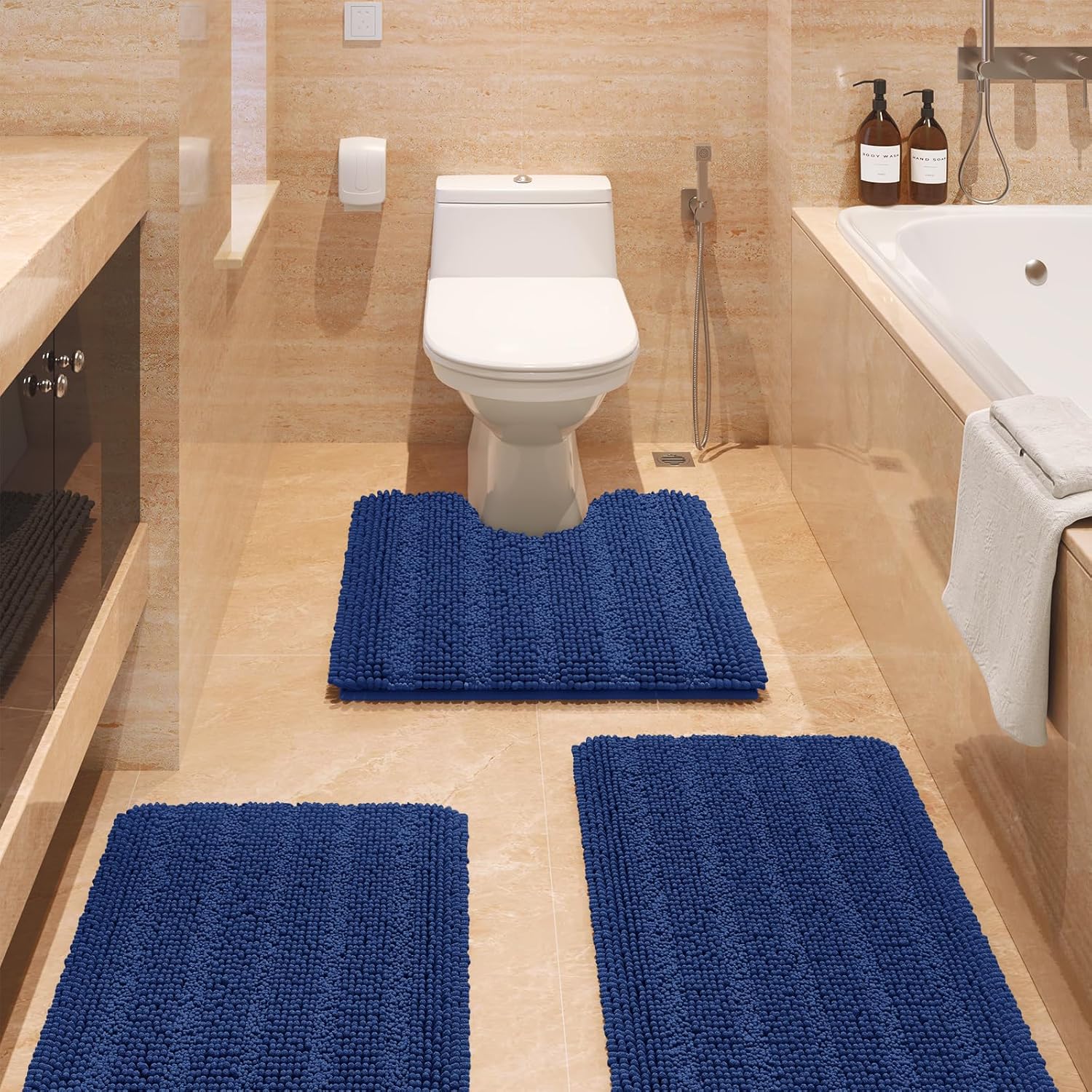 Striped Denim Blue Bathroom Rug Set 3 Pieces Ultra Soft, Non Slip Chenille Bath...