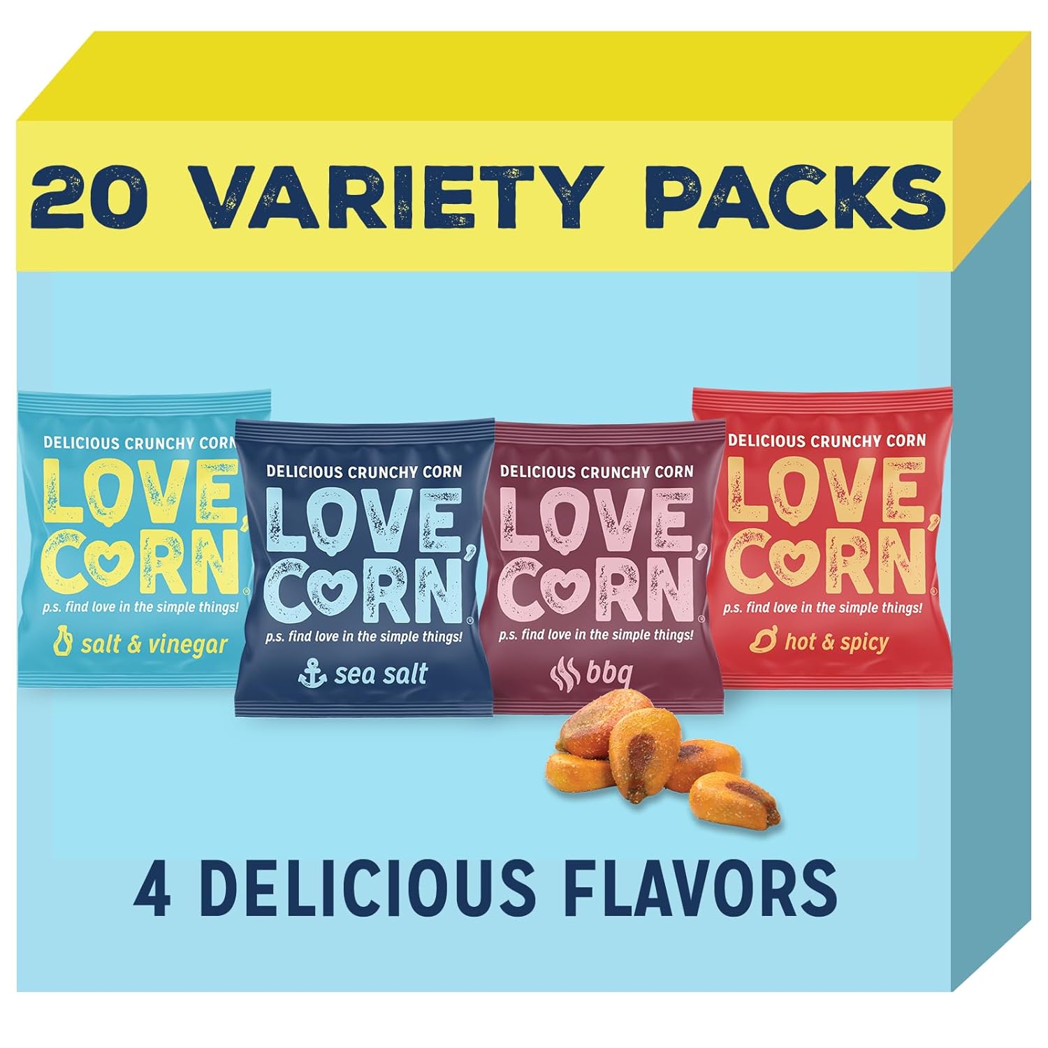 LOVE CORN Fab Four - Sea Salt, BBQ, Salt & Vinegar, Hot Spicy 0.7oz x 20 Delicio...