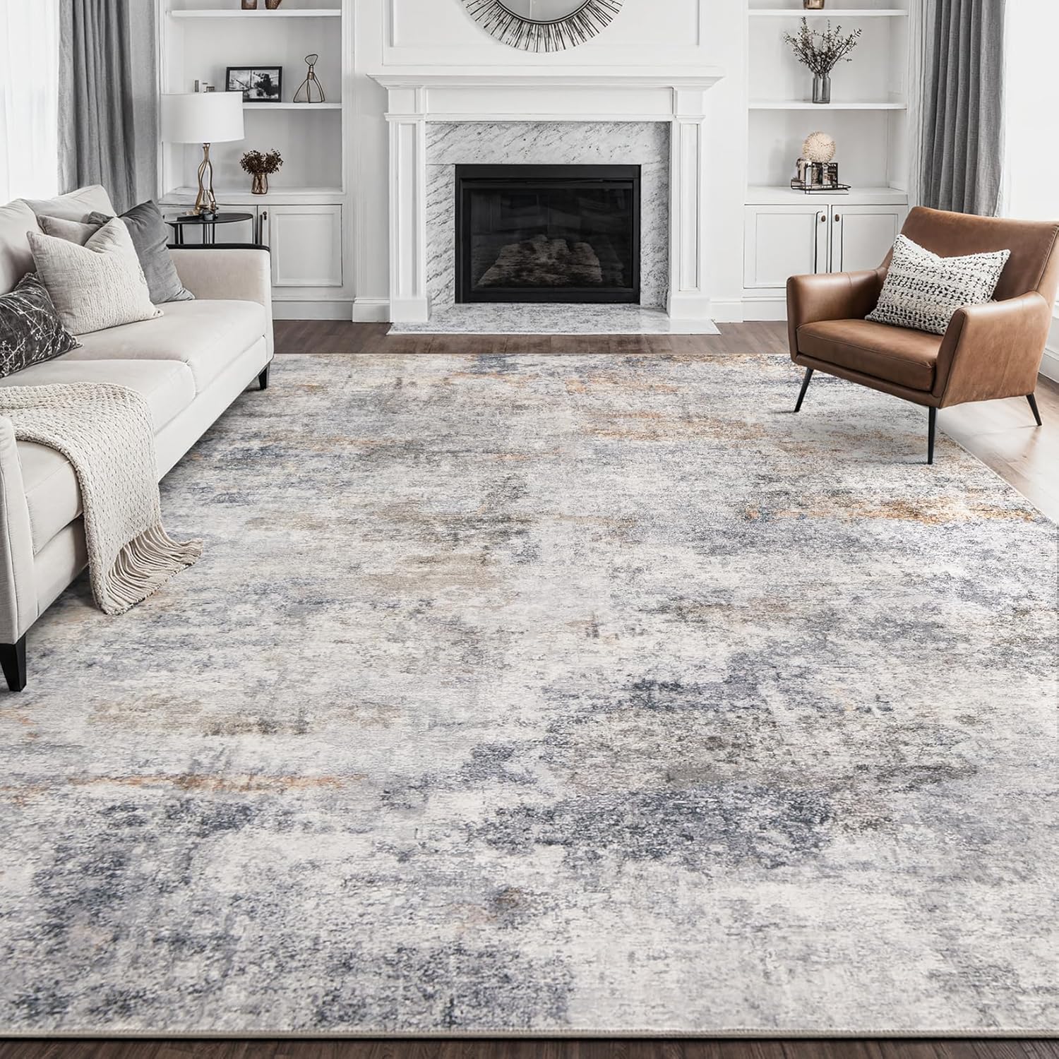 Living Room Area Rugs - 8x10 Washable Abstract Large Soft Indoor Rug Neutral Mod...