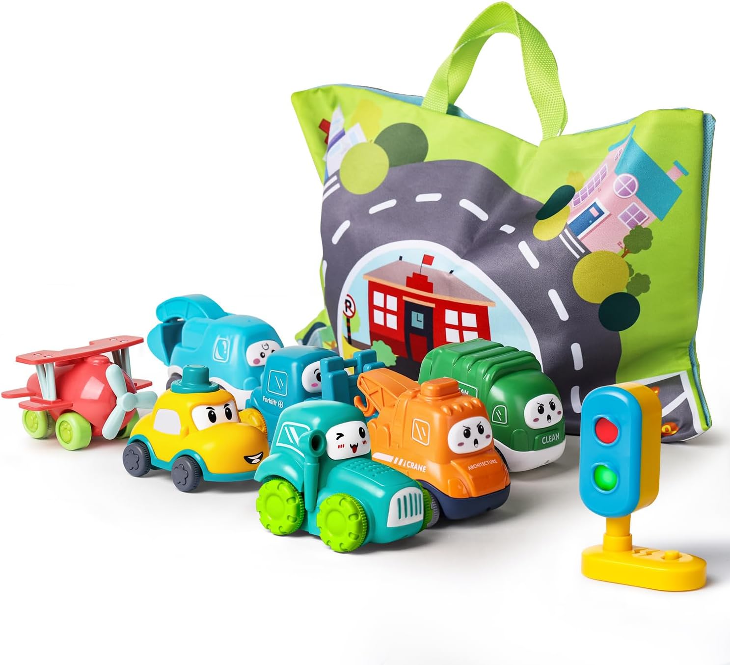 ALASOU 7 PCS Baby Cranes Car Toys with Playmat/Storage Bag|1st Birthday Gifts fo...
