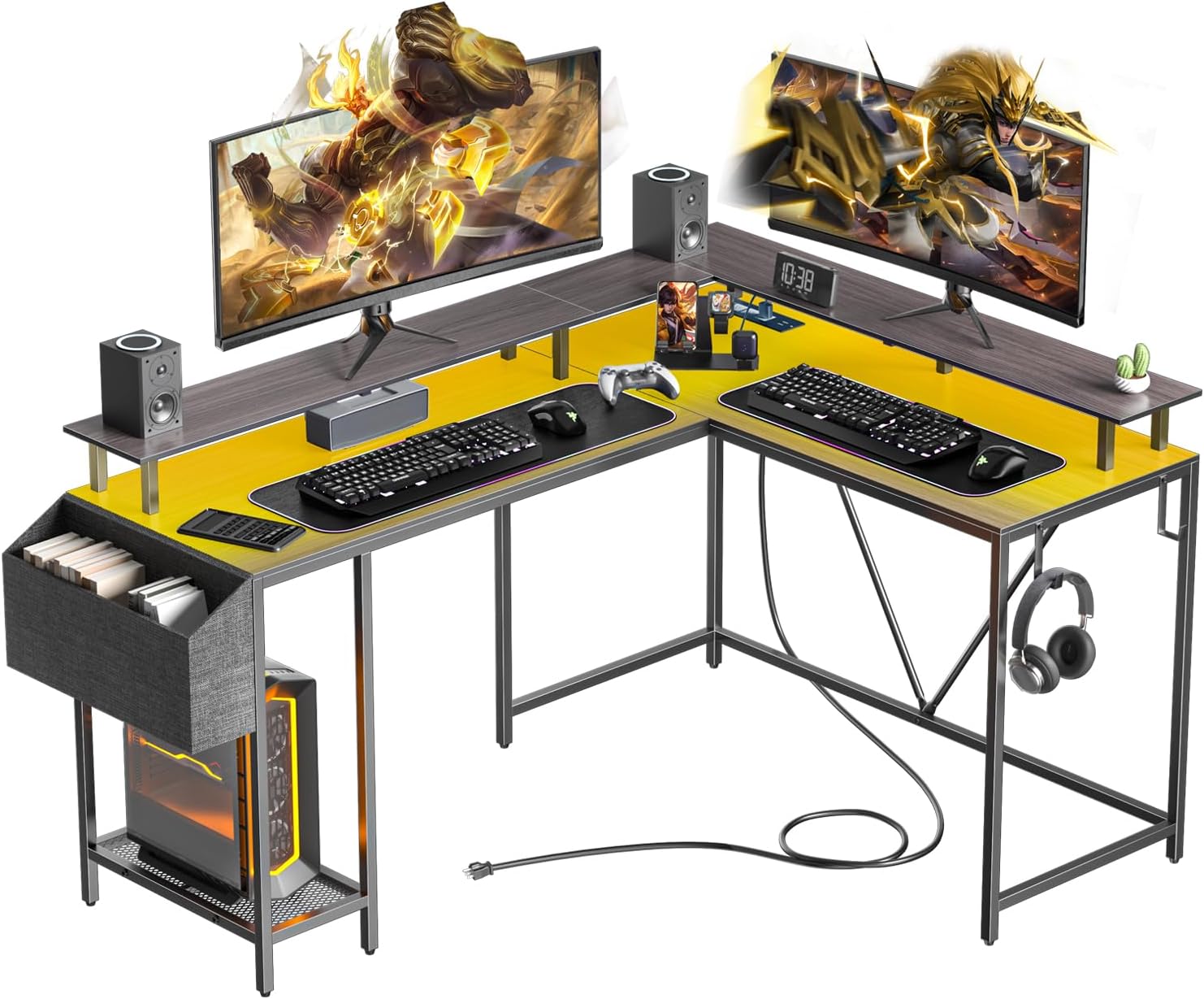 53inch L Shaped Desk,L Shaped Gaming Desk with Power Outlets & LED Lights, Compu...