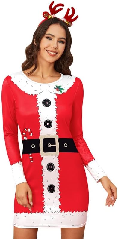 For G and PL Women's Christmas Printed Tunic Dress Long Sleeve Crewneck Casual C...