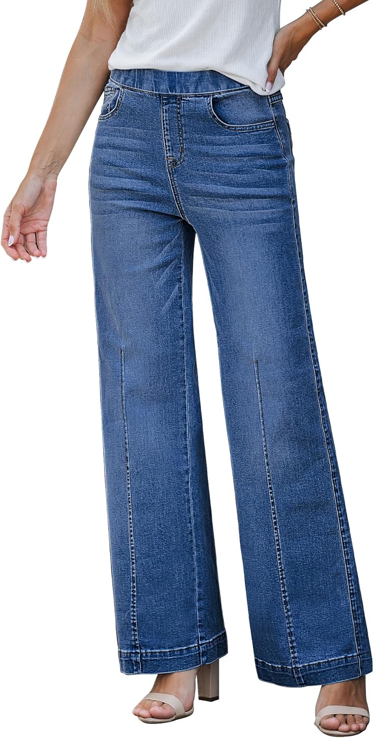 GRAPENT Pull On Womens Jeans Baggy Stretchy High Waisted Denim Wide Leg Trouser...