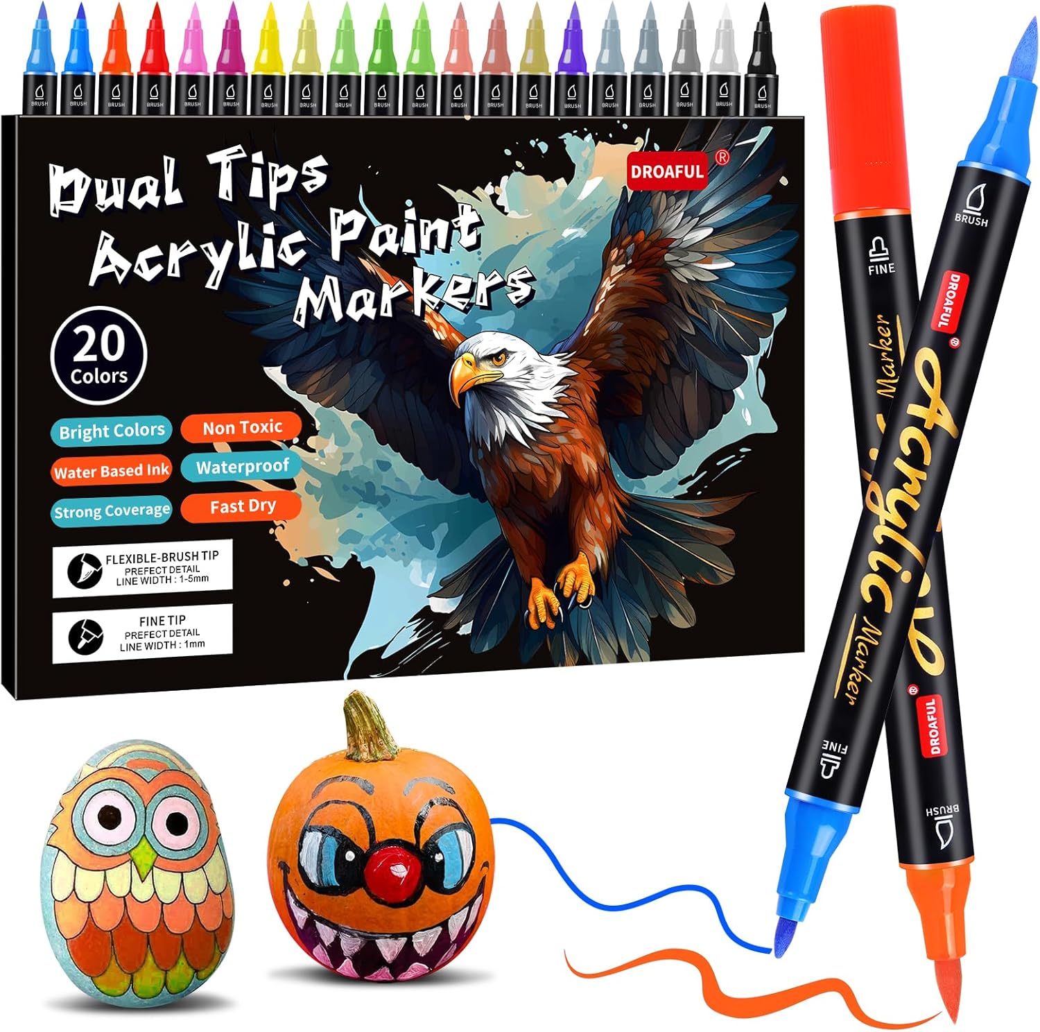 Acrylic Paint Pens Markers,20 Color Paint Markers Dual Fine & Brush Tips For Roc...
