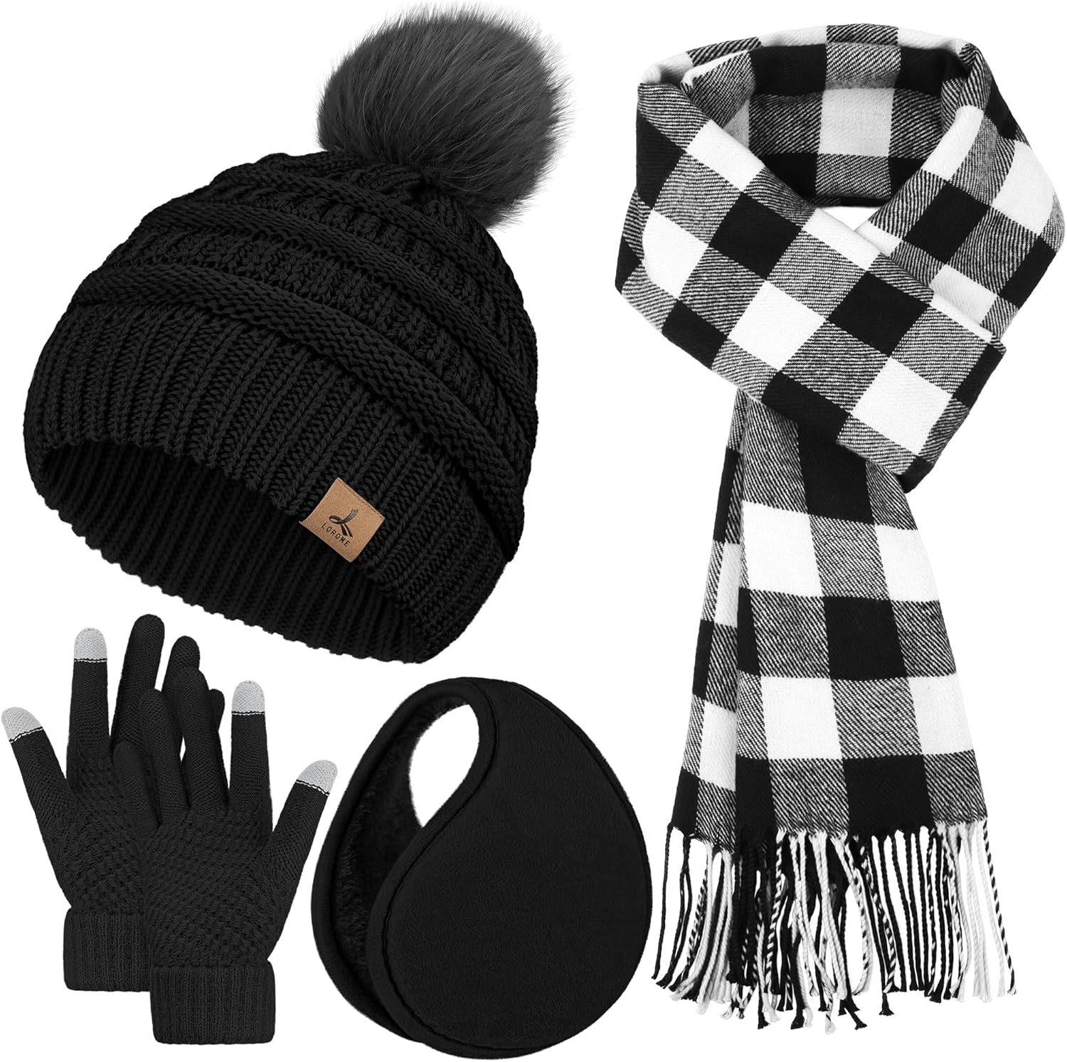 Winter Hat Scarf Gloves and Ear Warmer, Knit Warm Beanie Hat Touch Screen Gloves...