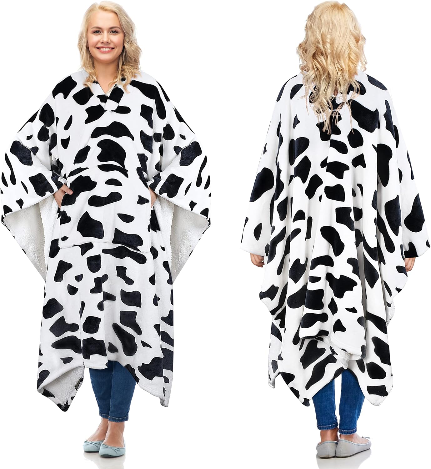 Catalonia Cow Print Sherpa Wearable Blanket Poncho for Adult Women Men, Wrap Bla...