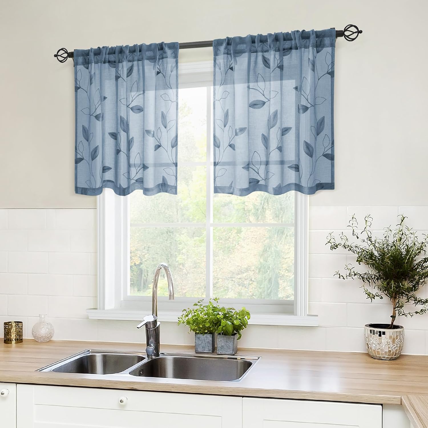 HOMEIDEAS Stone Blue Sheer Kitchen Curtains 30 X 24 Inch Length 2 Panels Embroid...