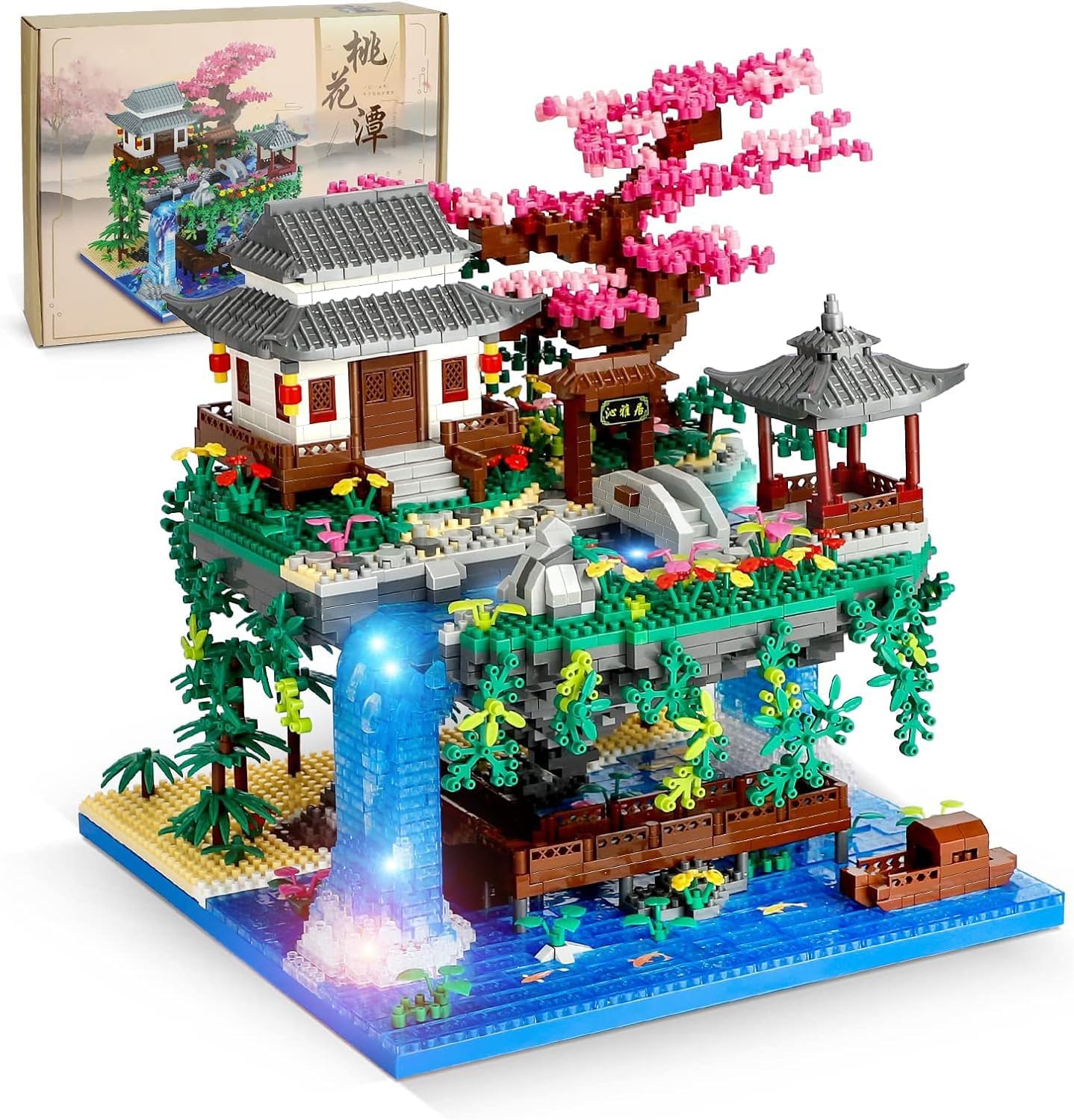 QLT Peach Blossom Pond Japan Flowers LED House Micro Building Blocks，Not Compat...