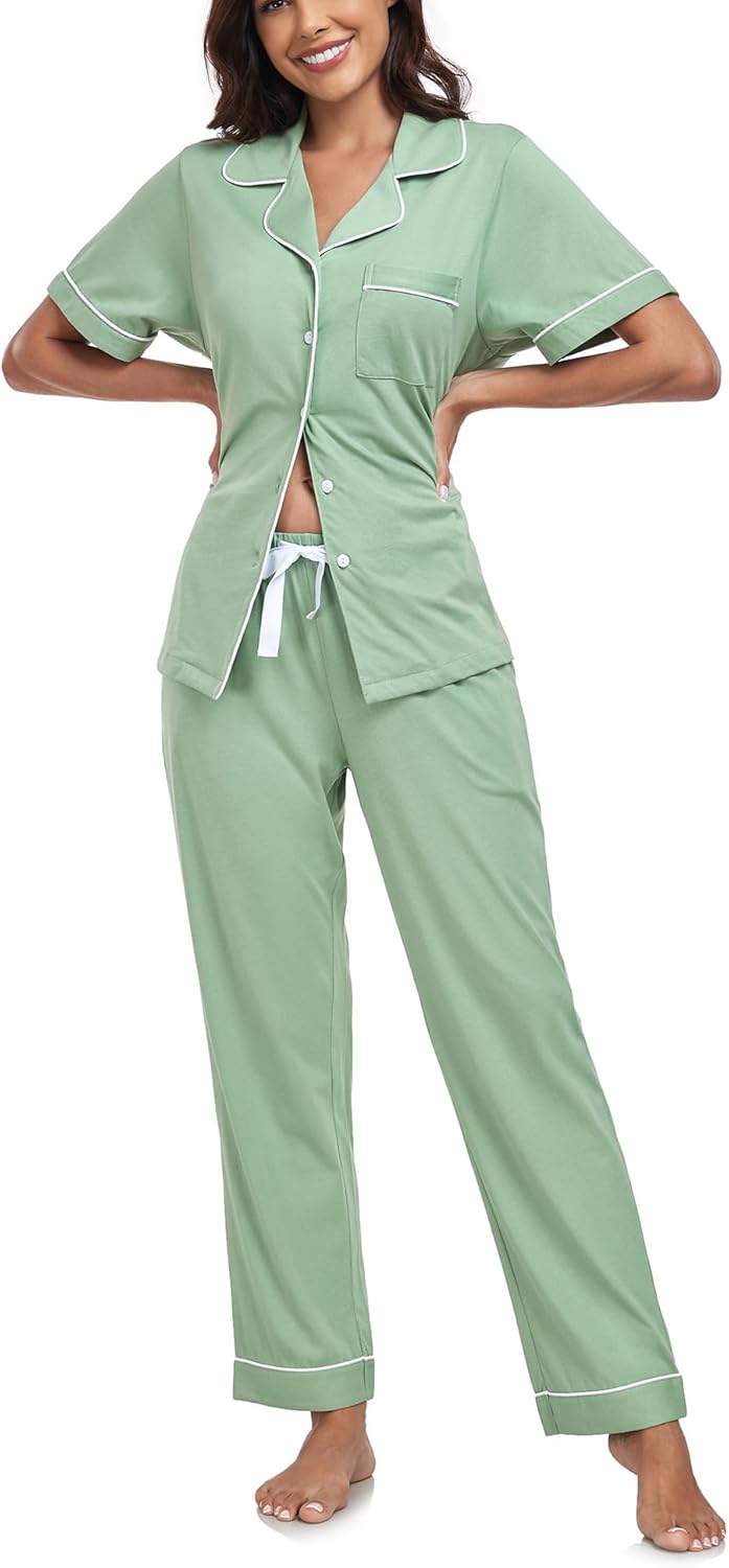 COLORFULLEAF Women's 100% Cotton Pajama Set Button Down Short Sleeve Shirt and L...