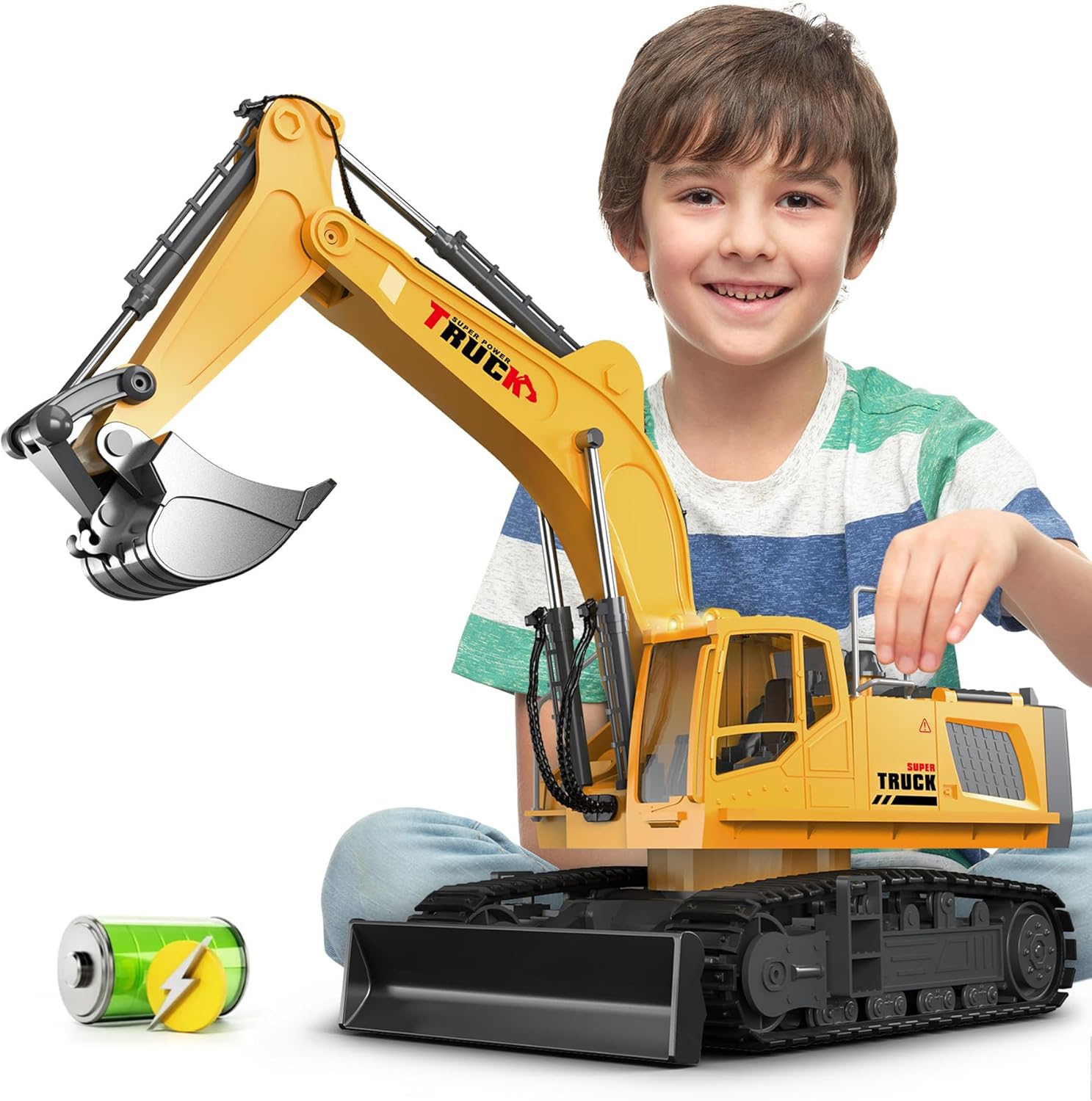 21" Large Remote Control Excavator Toy with Metal Bucket & Dozer Blade, 15-Chann...