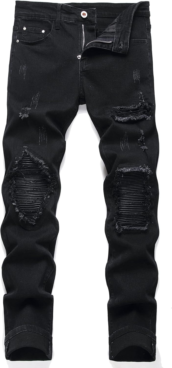 OIIIO Men's Patch Ripped Stretch Regular Fit Jean 32 Black-6601