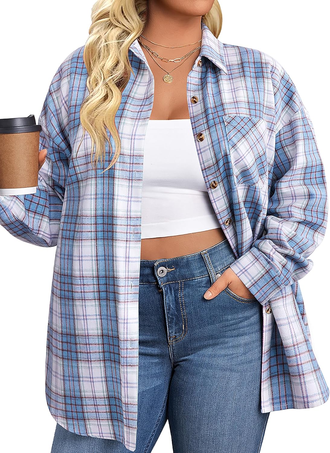 IN'VOLAND Womens Plus Size Flannel Plaid Shirts Roll Up Long Sleeve Casual Colla...