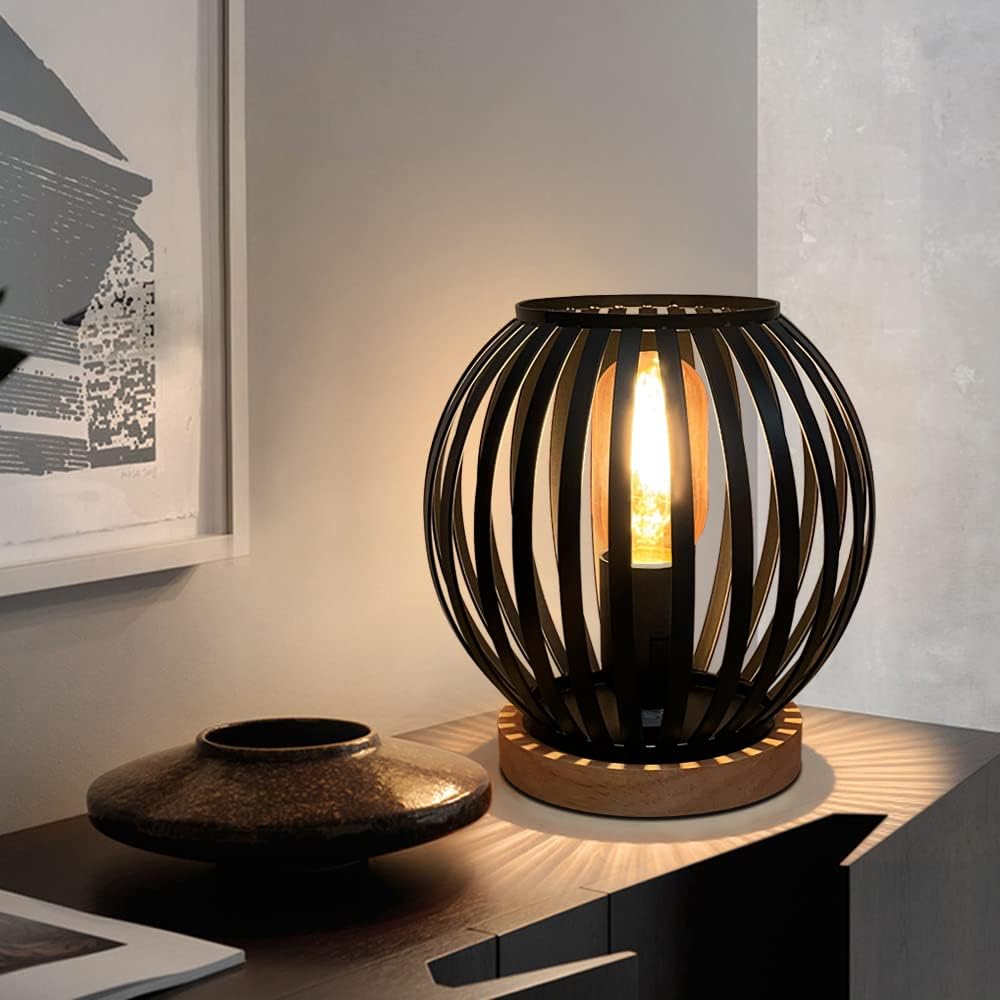 HHMTAKA Metal Cage LED Bedside Table Lamp Wooden Base Desk Lamp 19cm High Decora...
