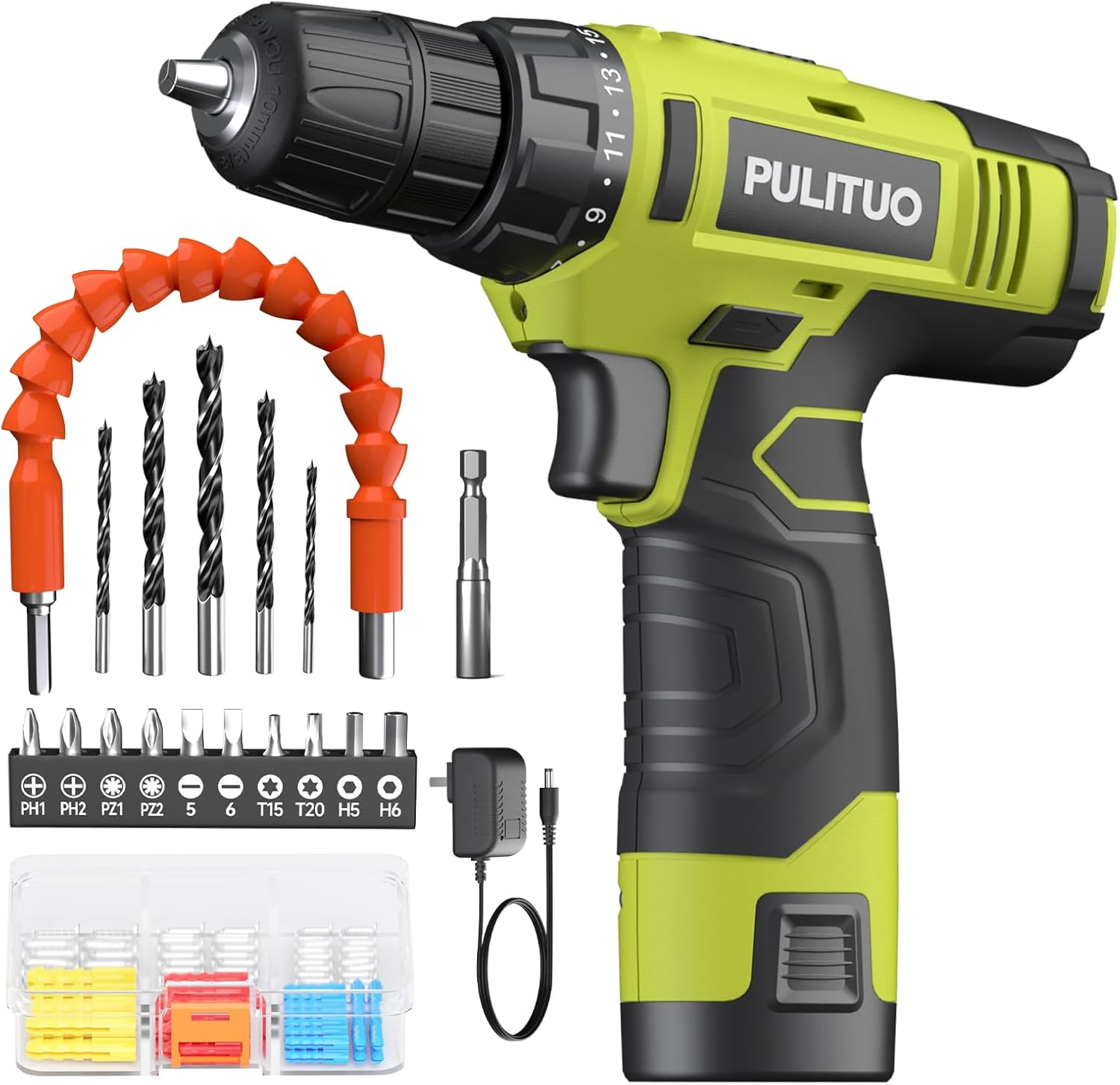 PULITUO 12V Cordless Drill ，Powerful Drill bit Sets with Li-Ion Battery, 21+1 T...