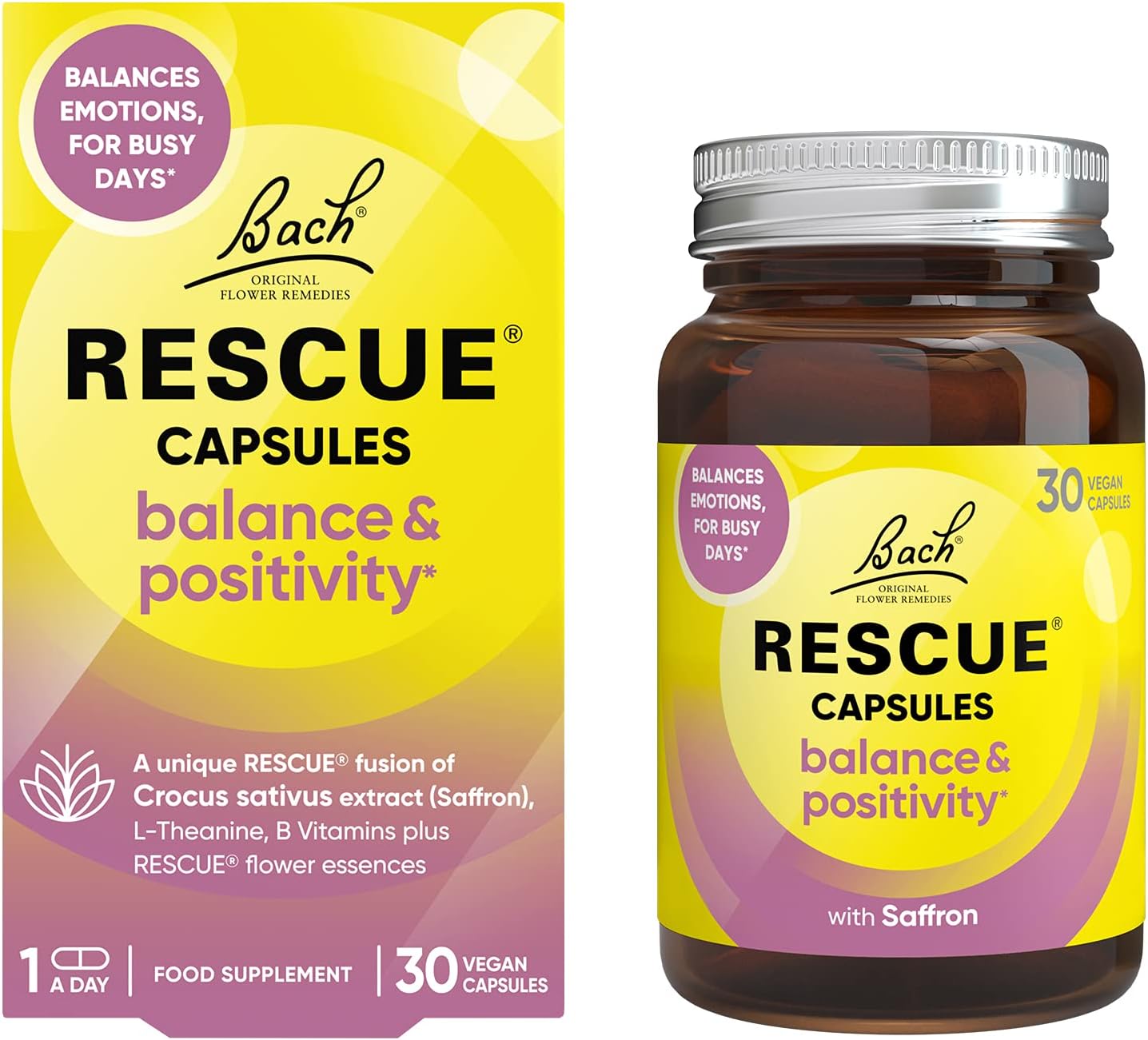 Rescue Balance and Positivity Capsules (30 Day Supply) Saffron, B5 B12 Vitamins,...