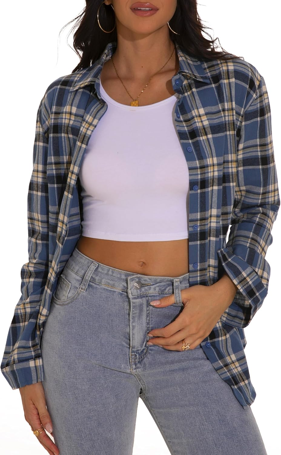 GUANYY Womens Long Sleeve Shirts Classic Button Down Flannel Shirt Cotton Plaid...