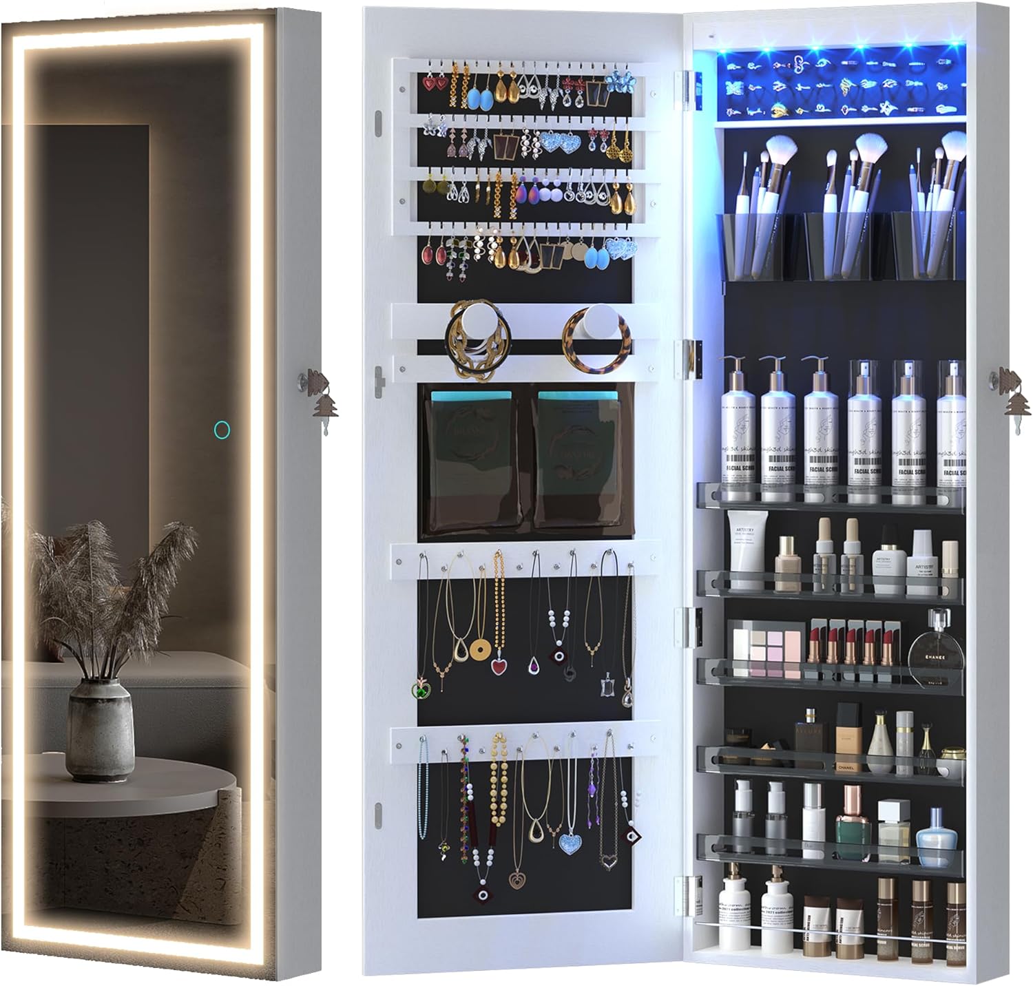LVSOMT LED Mirror Jewelry Cabinet, Wall/Door Mount Jewelry Armoire Organizer wit...