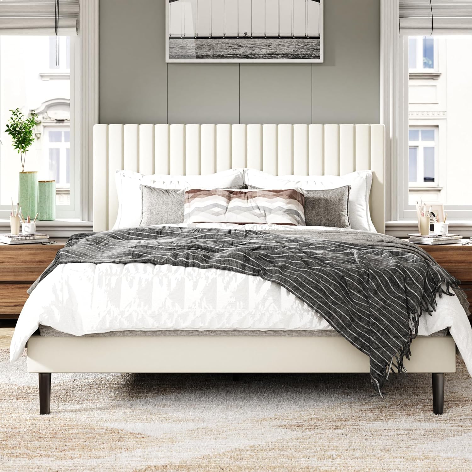 King Size Bed Frame with Velvet Upholstered Headboard, Platform Bed with Strong...