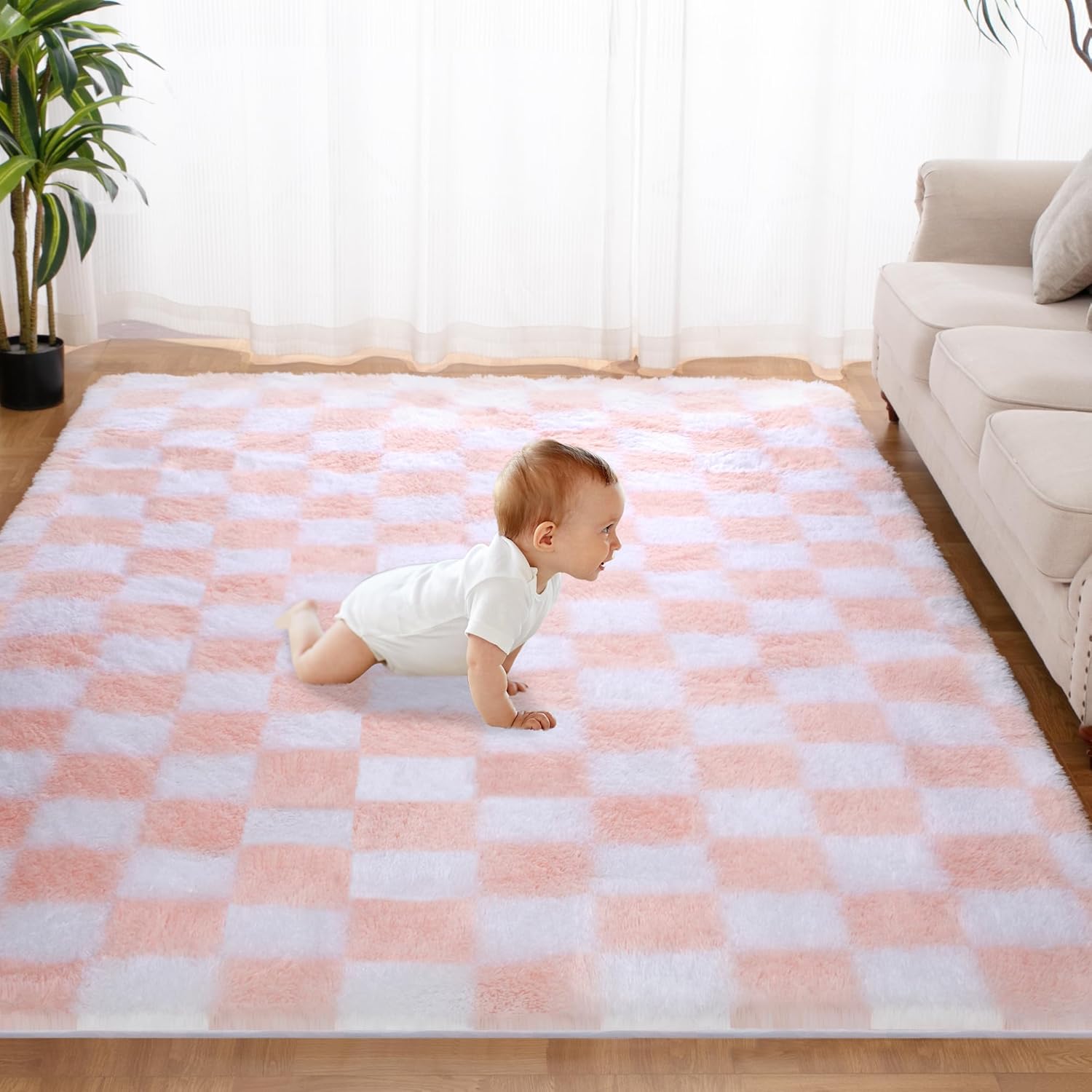 Super Soft Rug for Bedroom, 6x9 Ft Pink and White Area Rug Classic Checkered Sha...