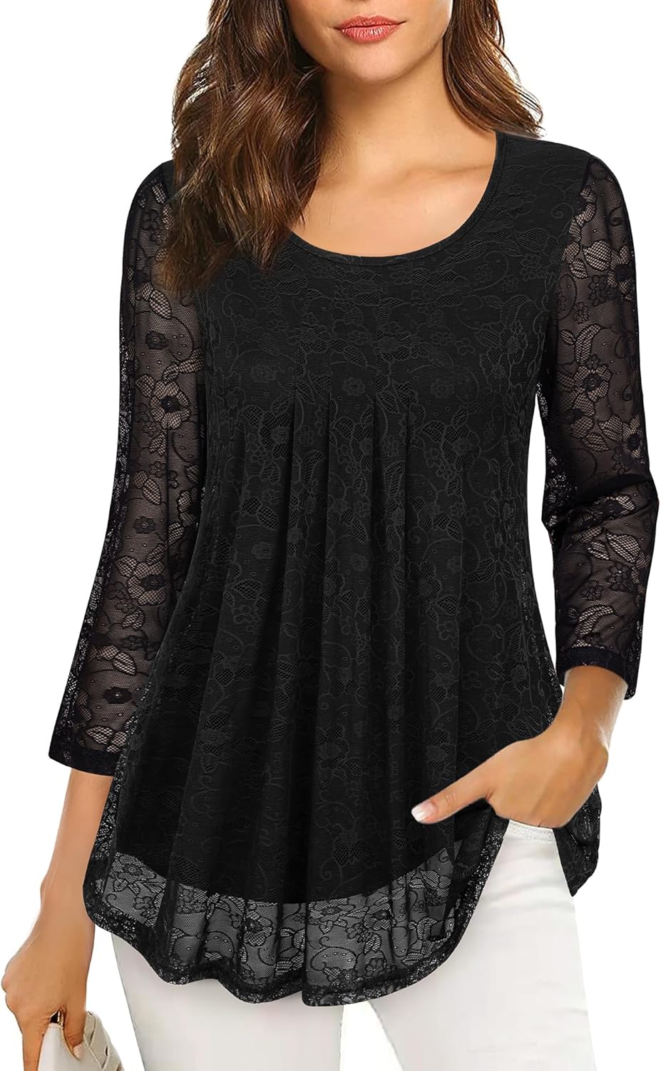 VALOLIA Women's 3/4 Sleeve Tunic Tops Casual Loose Fit Floral Blouses Mesh Pleat...