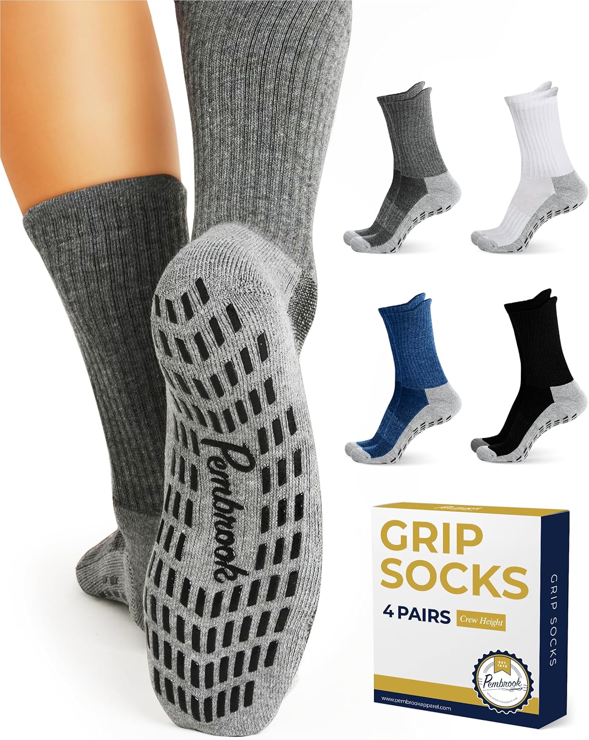Pembrook 4 Pairs Crew Non Slip Socks - Gripper Socks for Men Women Husband Dad |...