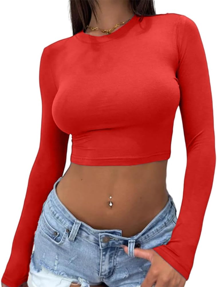 Abardsion Women's Sexy Long Sleeve Crop Top 2024 Crew Neck Basic Fitted Tight Cr...