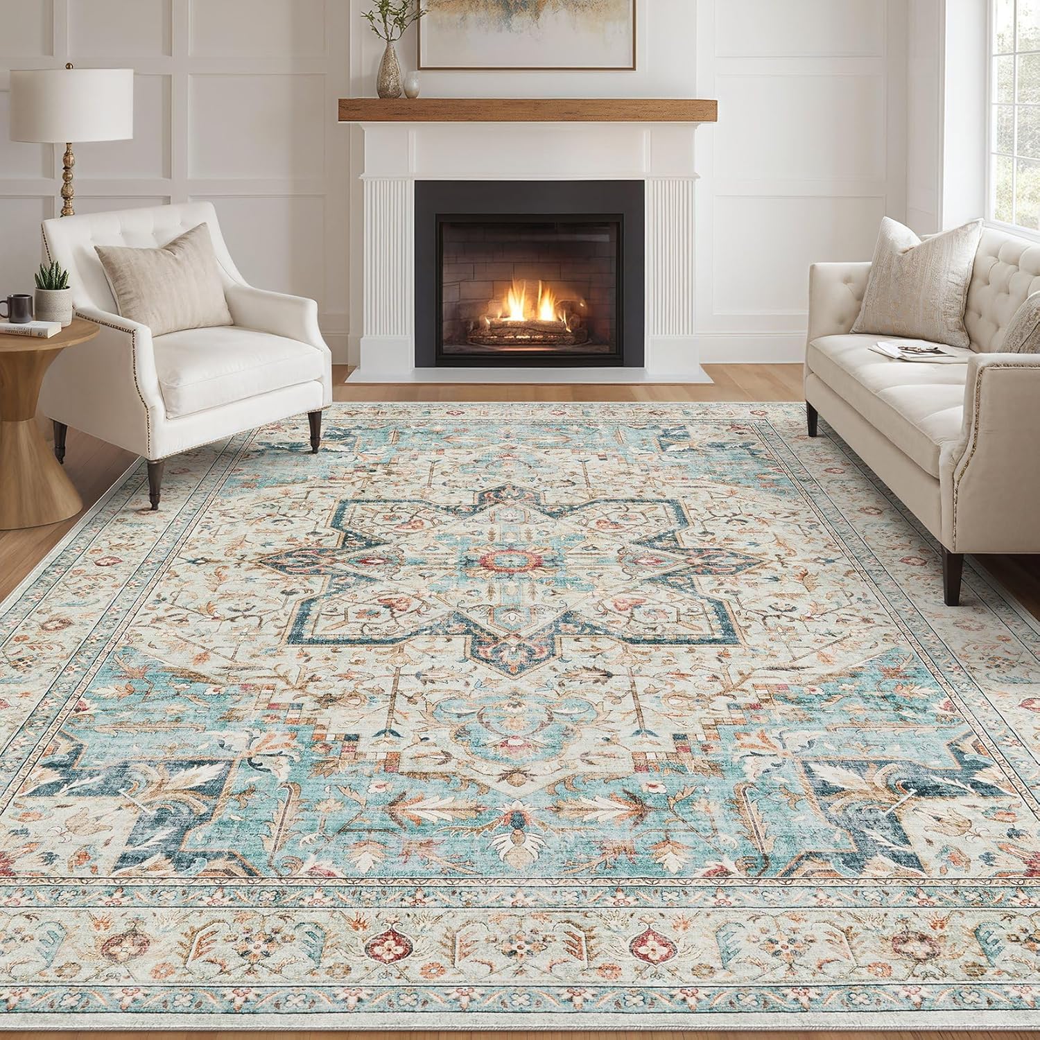 Area Rug Living Room Rugs - 9x12 Washable Boho Rug Vintage Oriental Distressed F...