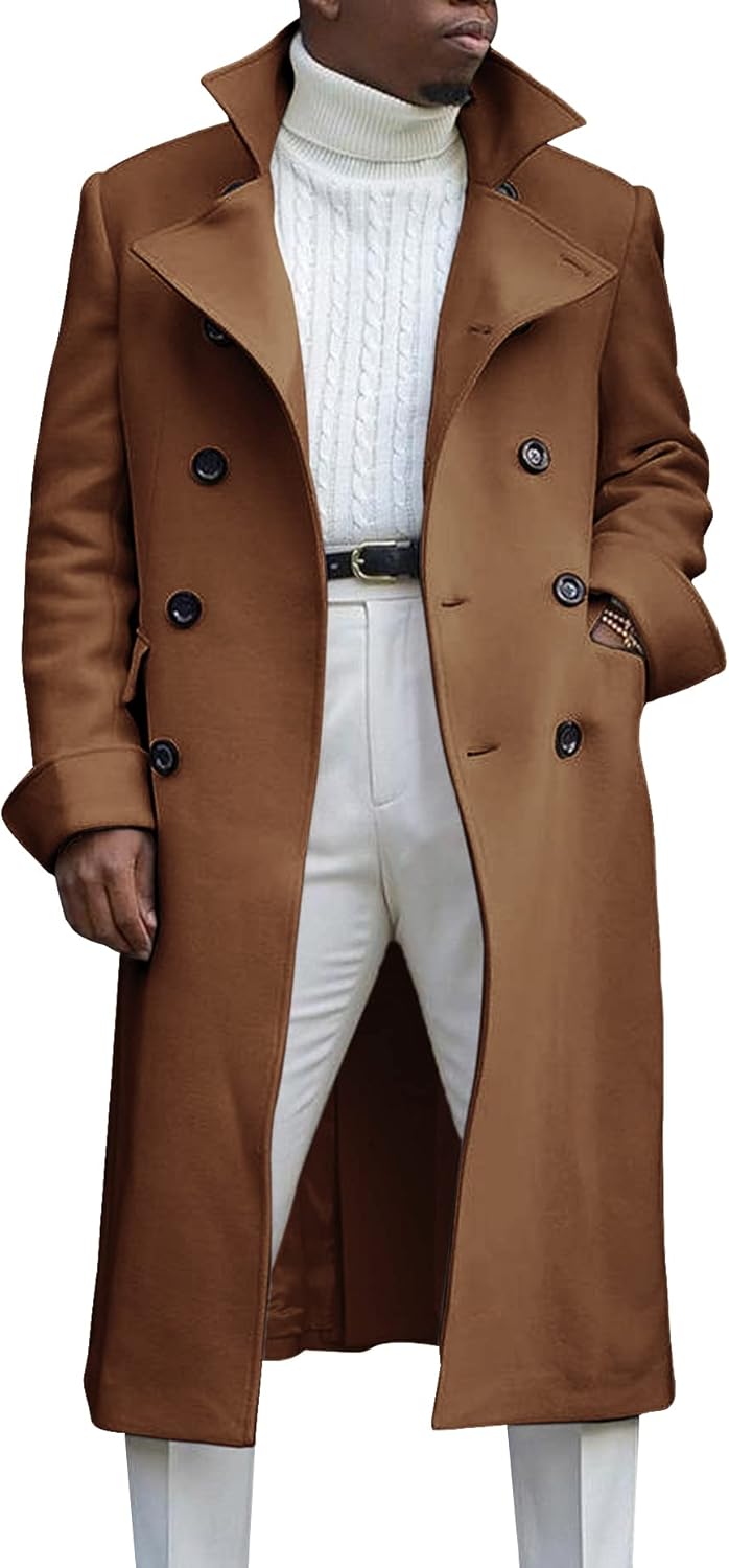 Ebifin Men's Notch Lapel Double Breasted Long Trench Coat Casual Cotton Blend Pe...