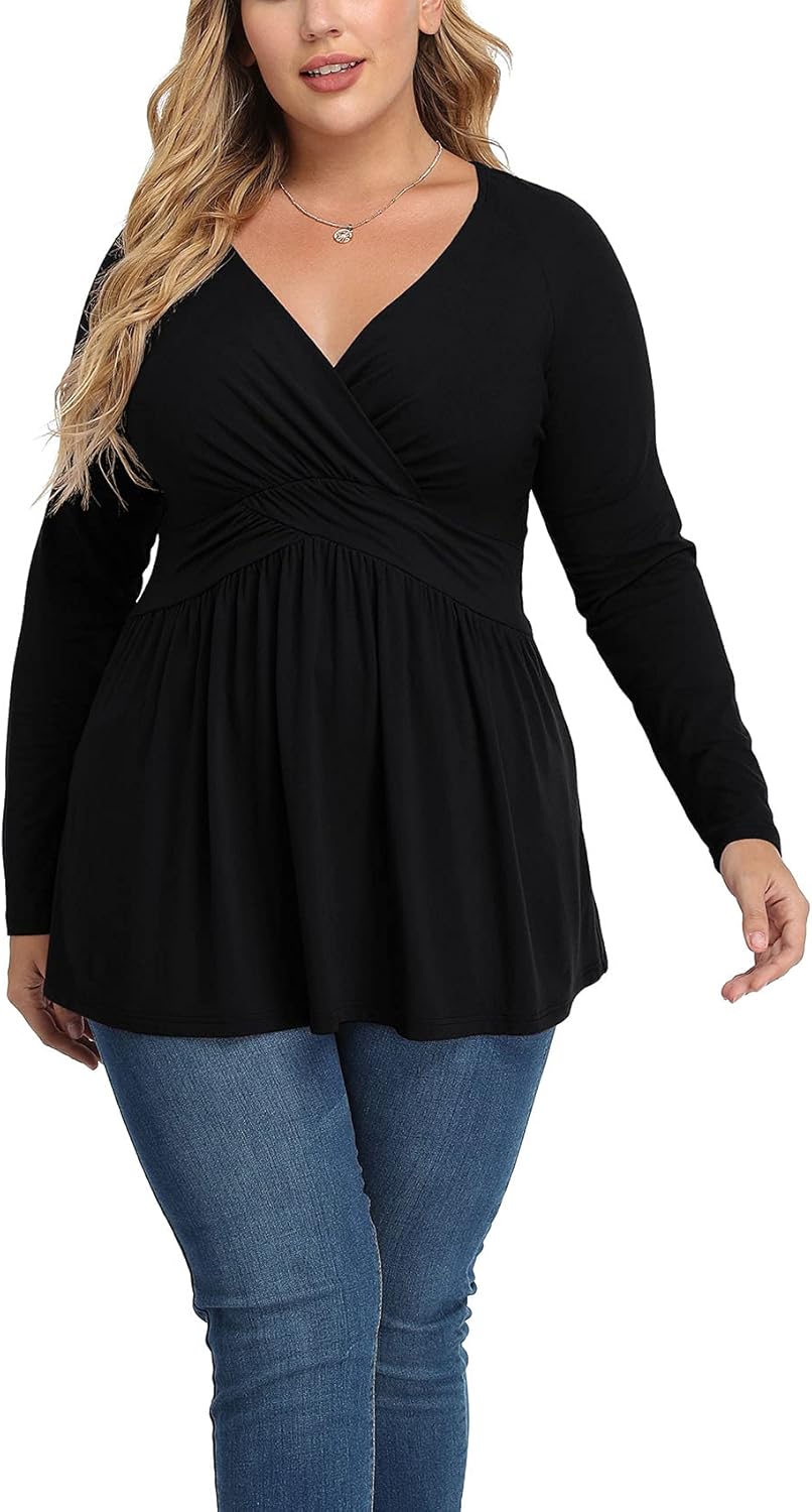 TIANZHU Women Plus Size Shirt Long Sleeve Floral Print Tops Pleated Casual V Nec...