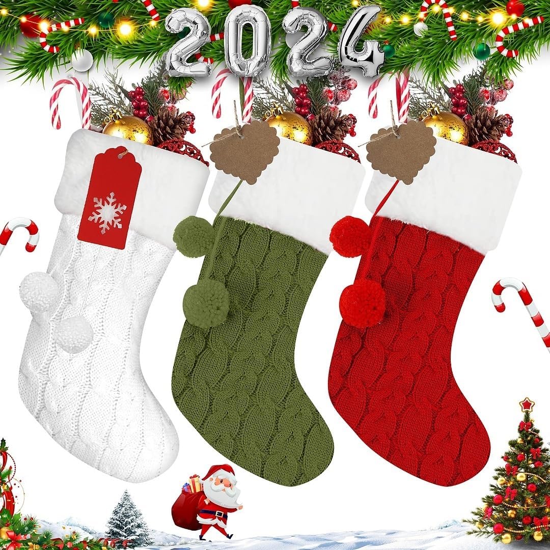 RFAQK Personalized Christmas Stockings -Set of 3 with 50 Pcs Name Tags, Large Xm...