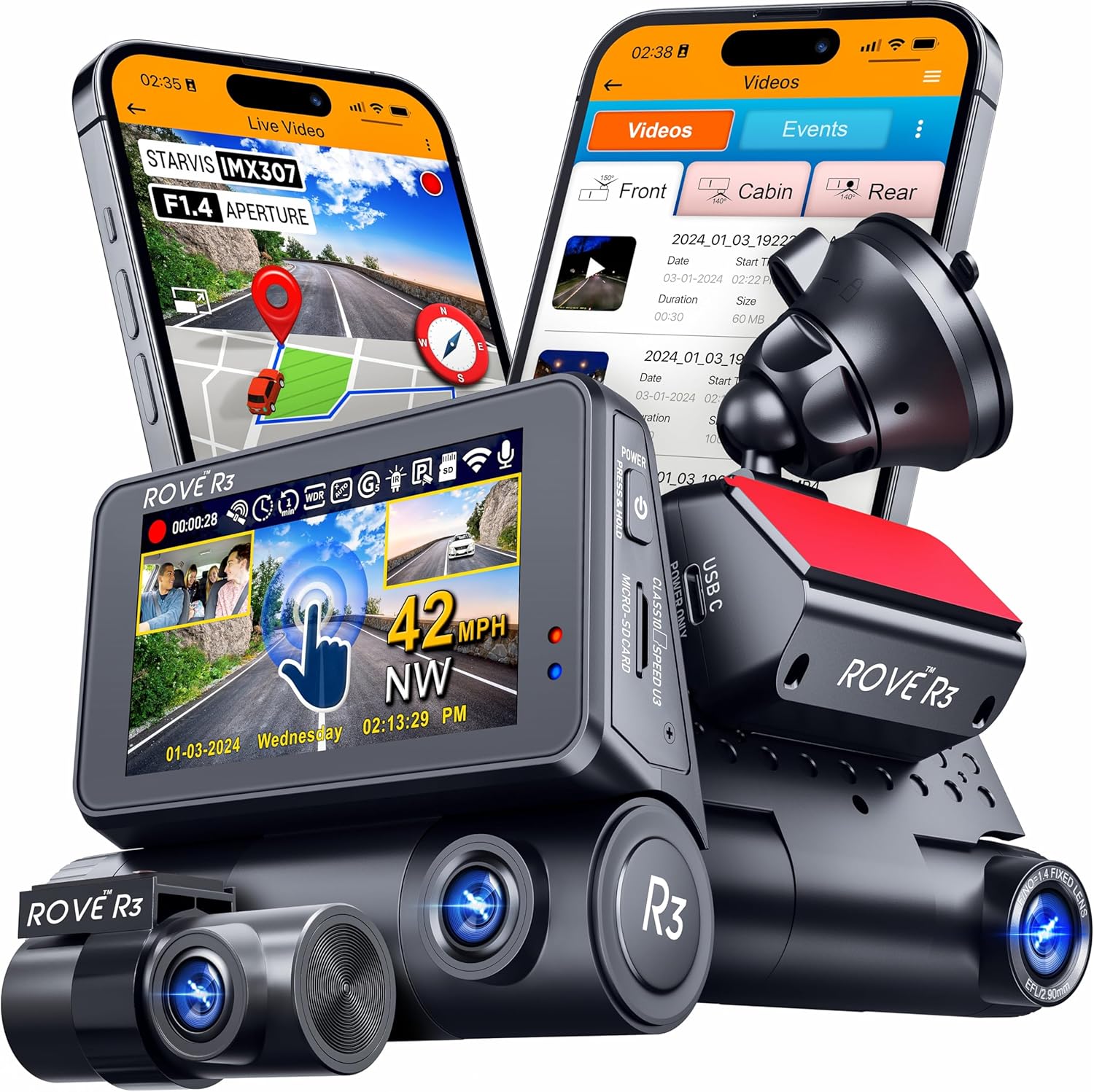 ROVE R3 Dash Cam Front and Rear with Cabin, 3” IPS Touch Screen, 3 Channel Dash...