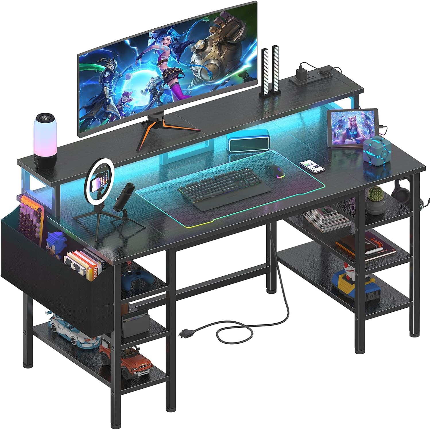 Lufeiya Gaming Desk with LED Lights and Storage Shelves, 47 inch Computer Desk w...