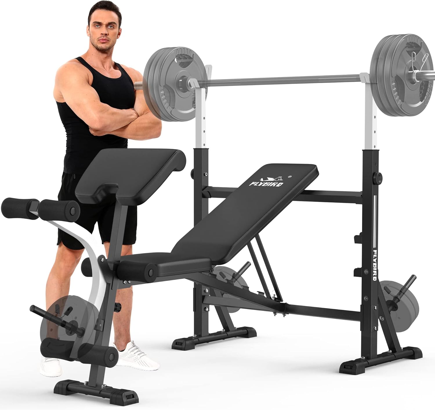 FLYBIRD Standard Weight Bench, Bench Press Set with Preacher Curl Pad and Leg De...