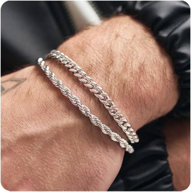 RANKEEF 2 Pcs Chain Bracelet for Men - 925 Sterling Silver Bracelet for Men 7-9i...