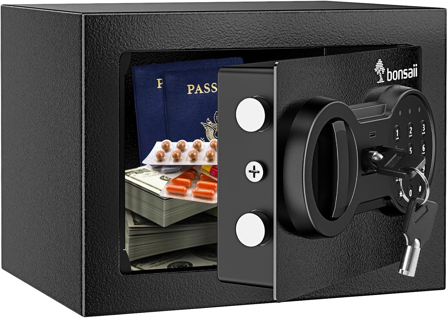 Bonsaii Safe Box for Money, 0.18 Cubic Feet Small Home Safe Lock Box with Electr...