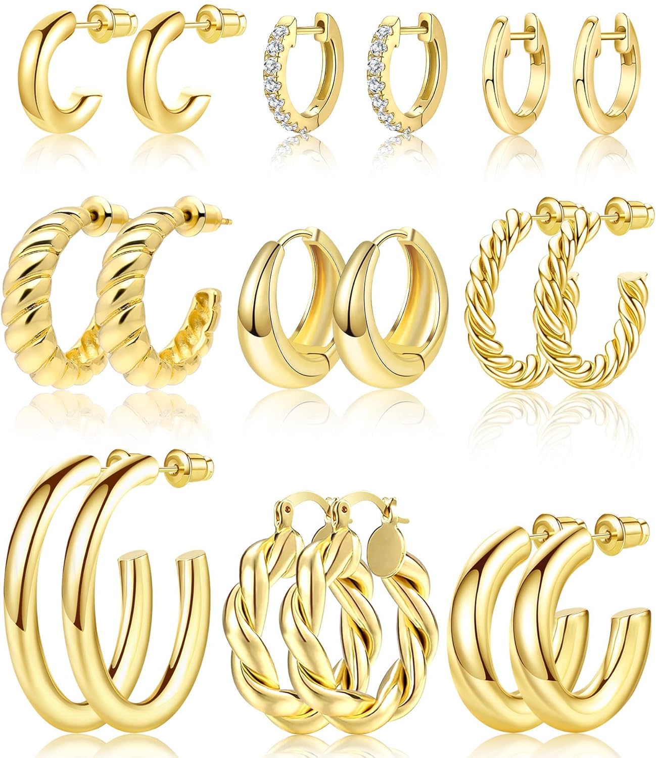 Adoyi 9 Pairs Gold Hoop Earrings Set for Womens Gold Twisted Huggie Hoops Earrin...